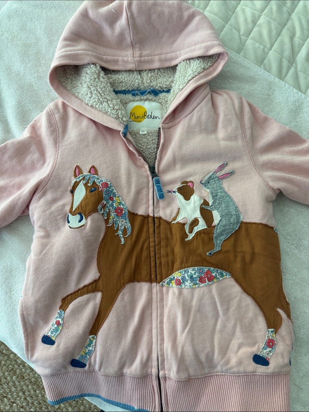 Mini Boden Girls 7-8Y Horse Appliqué Sherpa Lined Zip Hoodie Pink 128cm